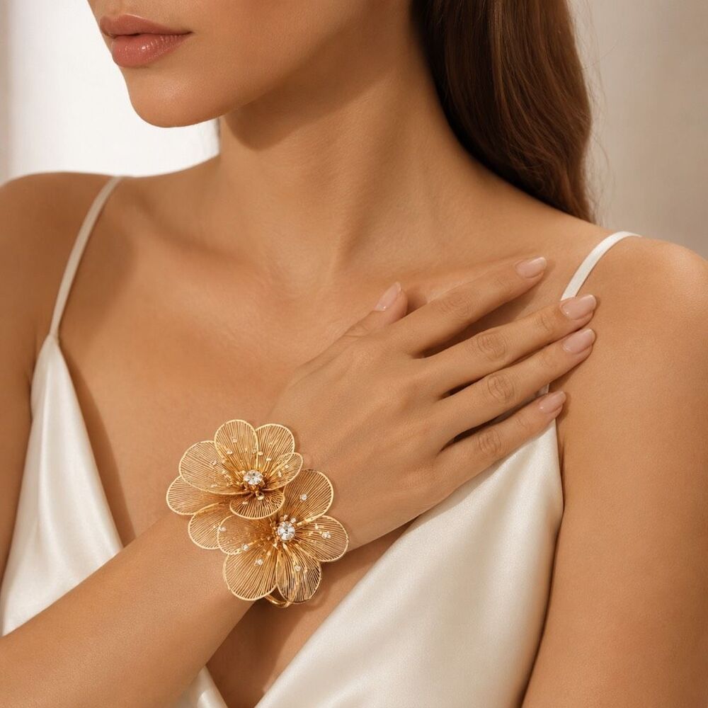 Zara Gold Floral Cuff Bracelet Crystal Statement Open Wire Flower Evening NWOT